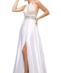 Formal Gowns Cinderella Divine - UM076 Beaded Halter A-line Dress With Train