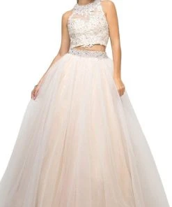 Cinderella Divine - UM078 Appliqued Crisscross Strapped Two-Piece Gown Formal Gowns