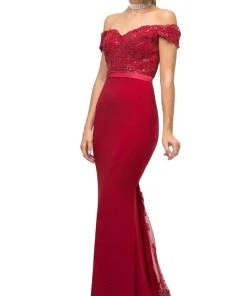 Formal Gowns Cinderella Divine - UV001 Off Shoulder Beaded Lace Bodice Mermaid Gown