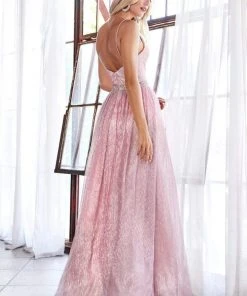 Formal Gowns Cinderella Divine - UV006 Embellished Waist Metallic A-Line Dress