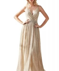 Formal Gowns Cinderella Divine - UV006 Embellished Waist Metallic A-Line Dress