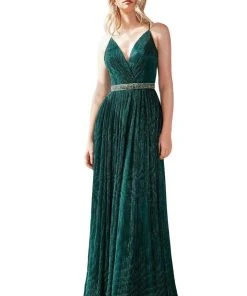 Formal Gowns Cinderella Divine - UV006 Embellished Waist Metallic A-Line Dress