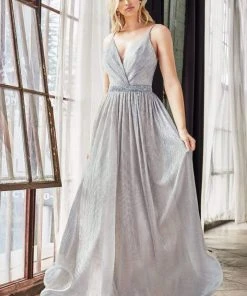 Formal Gowns Cinderella Divine - UV006 Embellished Waist Metallic A-Line Dress