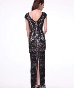 Cinderella Divine - 1937 V-neck Lace Overlay Sheath Evening Gown