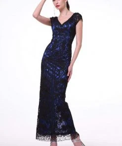 Cinderella Divine - 1937 V-neck Lace Overlay Sheath Evening Gown