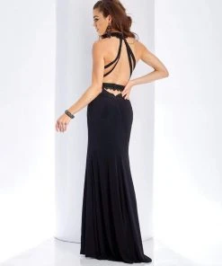 Clarisse - 3446 Halter Neck Lace Trim Jersey Fitted Gown Formal Gowns