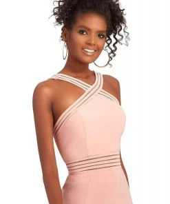 Clarisse - 3483 Sheer Striped Halter Strap Gown Formal Gowns
