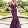 Formal Gowns Clarisse - 3520 Strappy V-Neck Brocade Mermaid Gown 1 Formal Gowns Clarisse - 3520 Strappy V-Neck Brocade Mermaid Gown