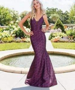 Formal Gowns Clarisse - 3520 Strappy V-Neck Brocade Mermaid Gown