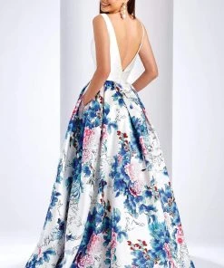 Formal Gowns Clarisse - 3538 Deep V-Neck Floral Mikado Evening Gown