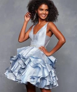 Clarisse - 3626 Plunging V-Neck Tiered Ruffle Cocktail Dress Cocktail Dresses