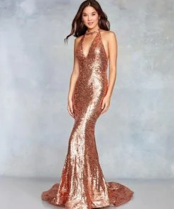 Clarisse - 3721 Sequined Plunging Halter Backless Gown