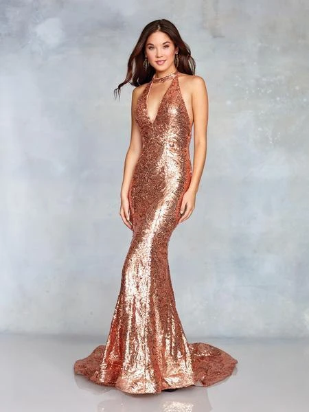 Clarisse - 3721 Sequined Plunging Halter Backless Gown 4 Clarisse - 3721 Sequined Plunging Halter Backless Gown