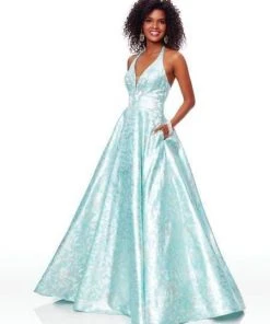 Clarisse - 3767 Plunging Halter V-neck Brocade A-line Dress