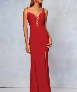 Clarisse - 3775 Crisscross-Accented Plunging Jersey Gown Formal Gowns