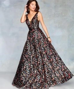 Clarisse - 3804 Plunging V-Neck Floral Evening Dress Formal Gowns