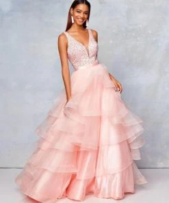 Clarisse - 3812 Embellished Deep V-neck Tiered A-line Dress 7 Clarisse - 3812 Embellished Deep V-neck Tiered A-line Dress