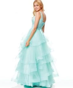 Clarisse - 3812 Embellished Deep V-neck Tiered A-line Dress 6 Clarisse - 3812 Embellished Deep V-neck Tiered A-line Dress