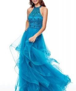 Clarisse - 3815 Beaded Halter Ruffled A-line Dress Formal Gowns