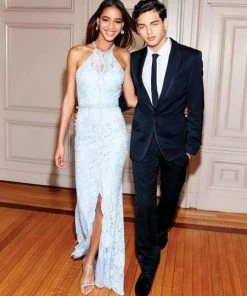 Clarisse - 3828 Embellished Lace Halter Trumpet Dress