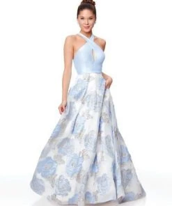 Clarisse - 3873 Cross Halter Brocade Organza A-line Dress