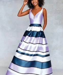 Clarisse - 3878 Plunging V-Neck Striped Ballgown