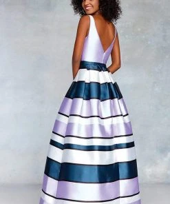 Clarisse - 3878 Plunging V-Neck Striped Ballgown