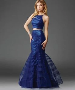 Formal Gowns Clarisse - 4928 Halter Neck Two-Piece Sequined Mermaid Gown