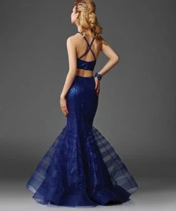 Formal Gowns Clarisse - 4928 Halter Neck Two-Piece Sequined Mermaid Gown
