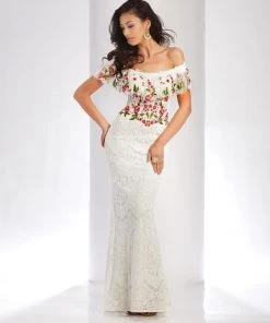 Clarisse - 4954 Embroidered Floral Off-Shoulder Gown Formal Gowns