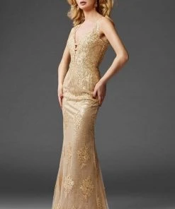 Clarisse - 4961 Embellished Deep V-neck Sheath Dress Formal Gowns