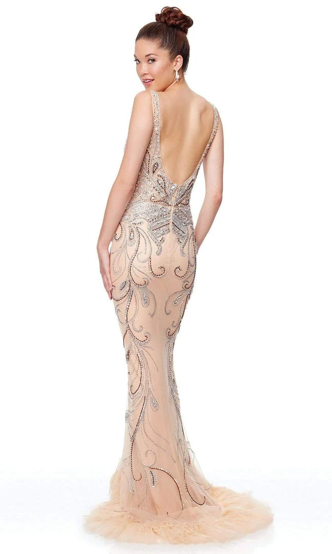 Clarisse - 5034 Beaded Deep V-neck Feathered Trumpet Dress 4 Clarisse - 5034 Beaded Deep V-neck Feathered Trumpet Dress