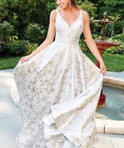 Clarisse - 5050 Sleeveless V-neck Brocade A-line Dress