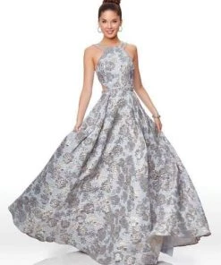 Clarisse - 5058 Beaded Halter Brocade A-line Dress Formal Gowns