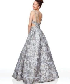 Clarisse - 5058 Beaded Halter Brocade A-line Dress Formal Gowns