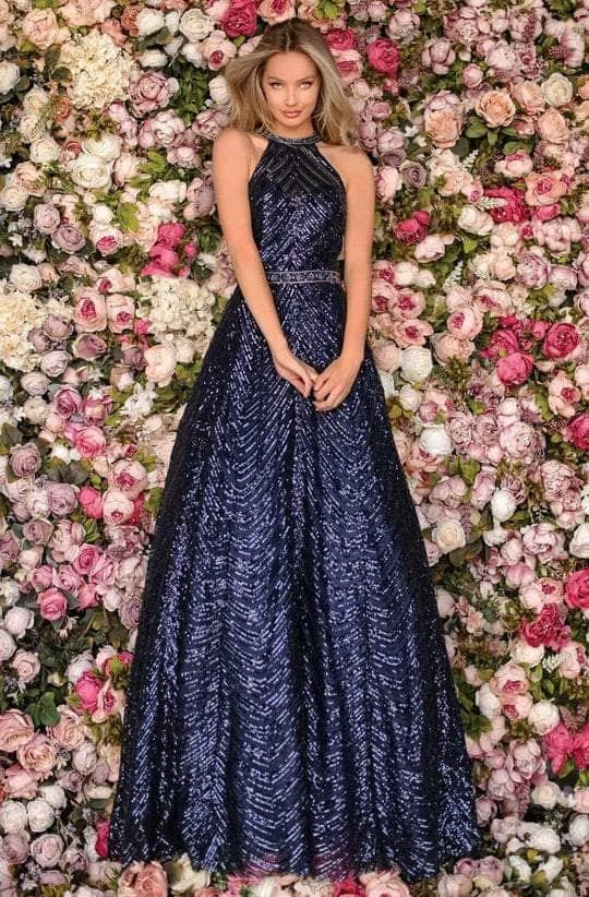 Clarisse - 5112 High Halter Neck Sequined Long Gown - 1 Pc Navy In Size 4 Available Formal Gowns 3 Clarisse - 5112 High Halter Neck Sequined Long Gown - 1 Pc Navy In Size 4 Available Formal Gowns