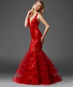 Clarisse Couture - 4951 Sparkling Sequined Plunge Evening Dress