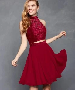 Cocktail Dresses Clarisse - S3427 Embroidered Lace High Halter Chiffon A-line Dress