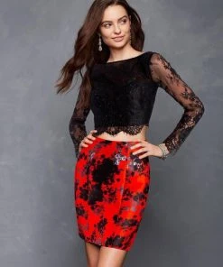 Clarisse - S4808 Two-Piece Long Sleeve Floral Print Sheath Dress Cocktail Dresses