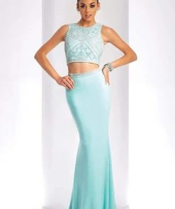 Formal Gowns Clarisse - Two-Piece Crystal Embellished Crop Top Long Sheath Gown 3438 - 1 Pc Seafoam In Size 2 Available