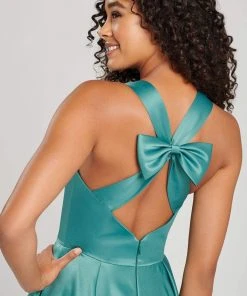 Colette For Mon Cheri - CL12026 Bow Accent Cutout Back Matte Satin Gown Formal Gowns