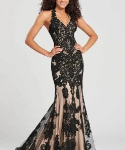 Formal Gowns Colette For Mon Cheri - CL12071 Embroidered Halter Neck Mermaid Dress - 1 Pc Black/Nude In Size 6 Available