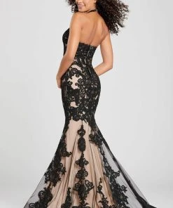 Colette For Mon Cheri - CL12071LS Halter Lace Applique Trumpet Dress Formal Gowns