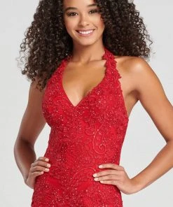 Colette For Mon Cheri - CL12071LS Halter Lace Applique Trumpet Dress Formal Gowns