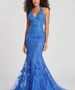 Colette For Mon Cheri - CL12071LS Halter Lace Applique Trumpet Dress Formal Gowns