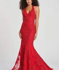 Colette For Mon Cheri - CL12071LS Halter Lace Applique Trumpet Dress Formal Gowns