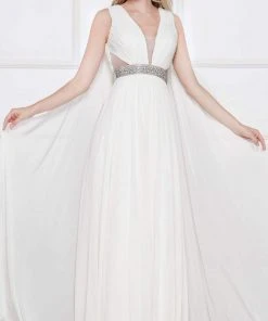 Colors Dress - 2083 Ruched Plunging Caped Evening Gown Formal Gowns