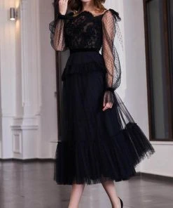 Cristallini - Embroidered Asymmetric A-Line Dress SKA935 - 1 Pc Black In Size 2XL Available Cocktail Dresses