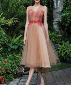 Cristallini - Embroidered Ornate Tulle A-Line Dress SKA735 - 1 Pc Red/Nude In Size M Available Cocktail Dresses