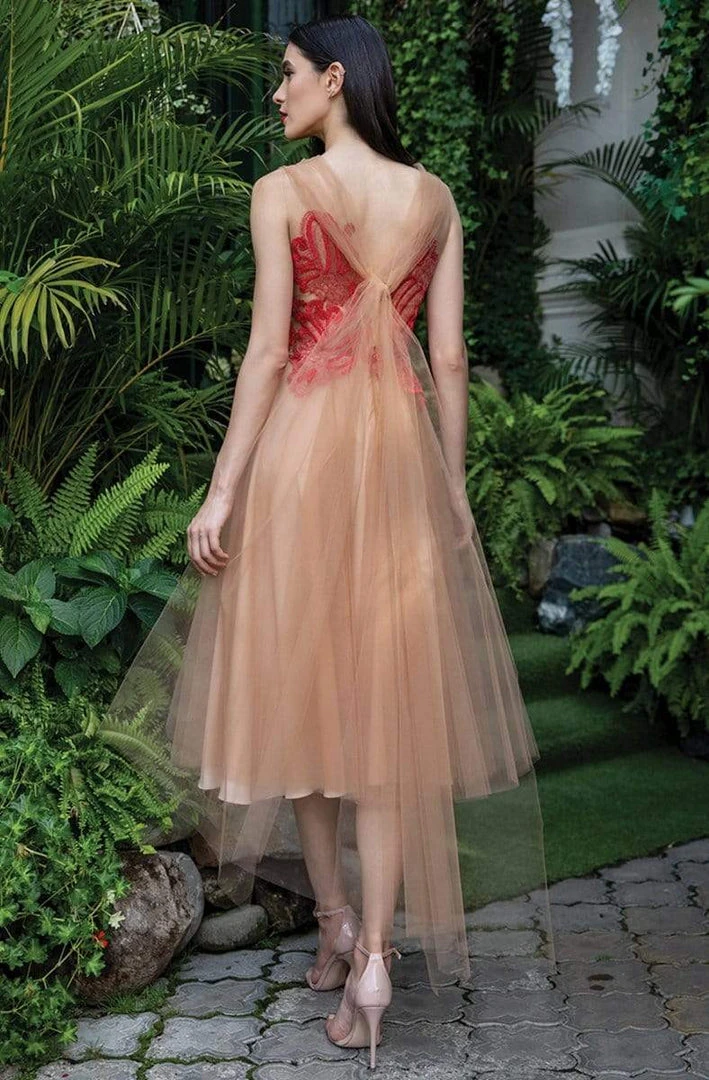 Cristallini - Embroidered Ornate Tulle A-Line Dress SKA735 - 1 Pc Red/Nude In Size M Available Cocktail Dresses 4 Cristallini - Embroidered Ornate Tulle A-Line Dress SKA735 - 1 Pc Red/Nude In Size M Available Cocktail Dresses